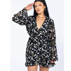 Princess Polly Marty Long Sleeve Mini Dress Black Floral